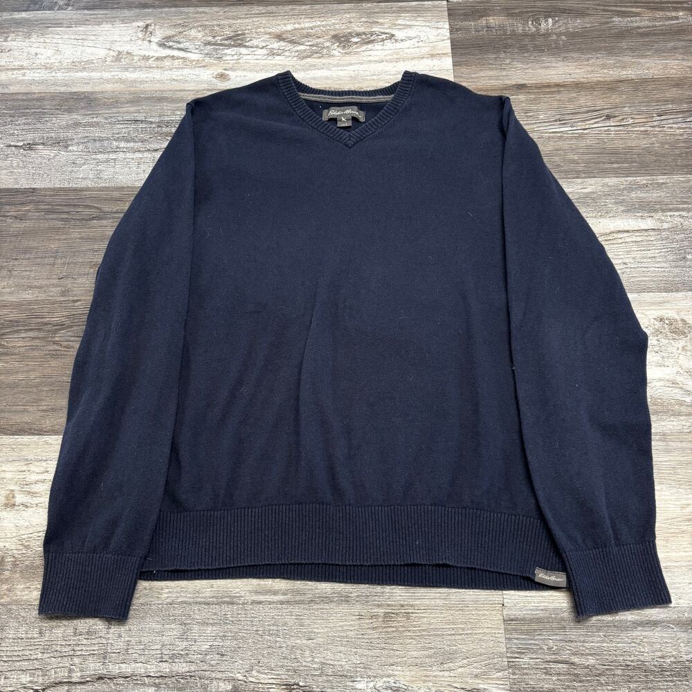 Eddie Bauer Blue Mens L Ribbed V-Neck Merino Wool Cotton Blend Sweater Preppy